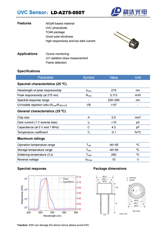 AlGaN Solar-blind UVC sensor LD-A275-050T