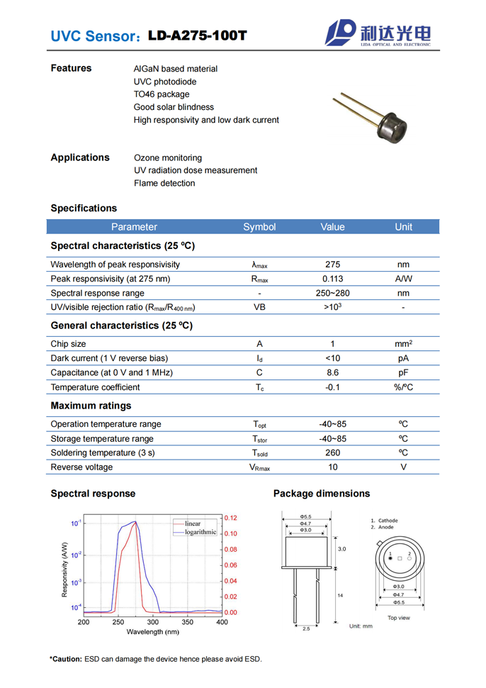 AlGaN Solar-blind UVC sensor LD-A275-100T